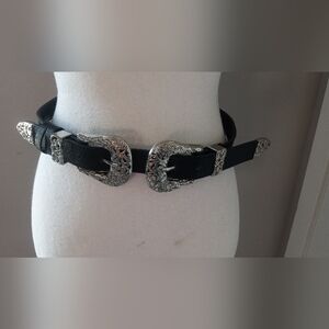 Stylish Black Belt with Ornate Silver Buckles